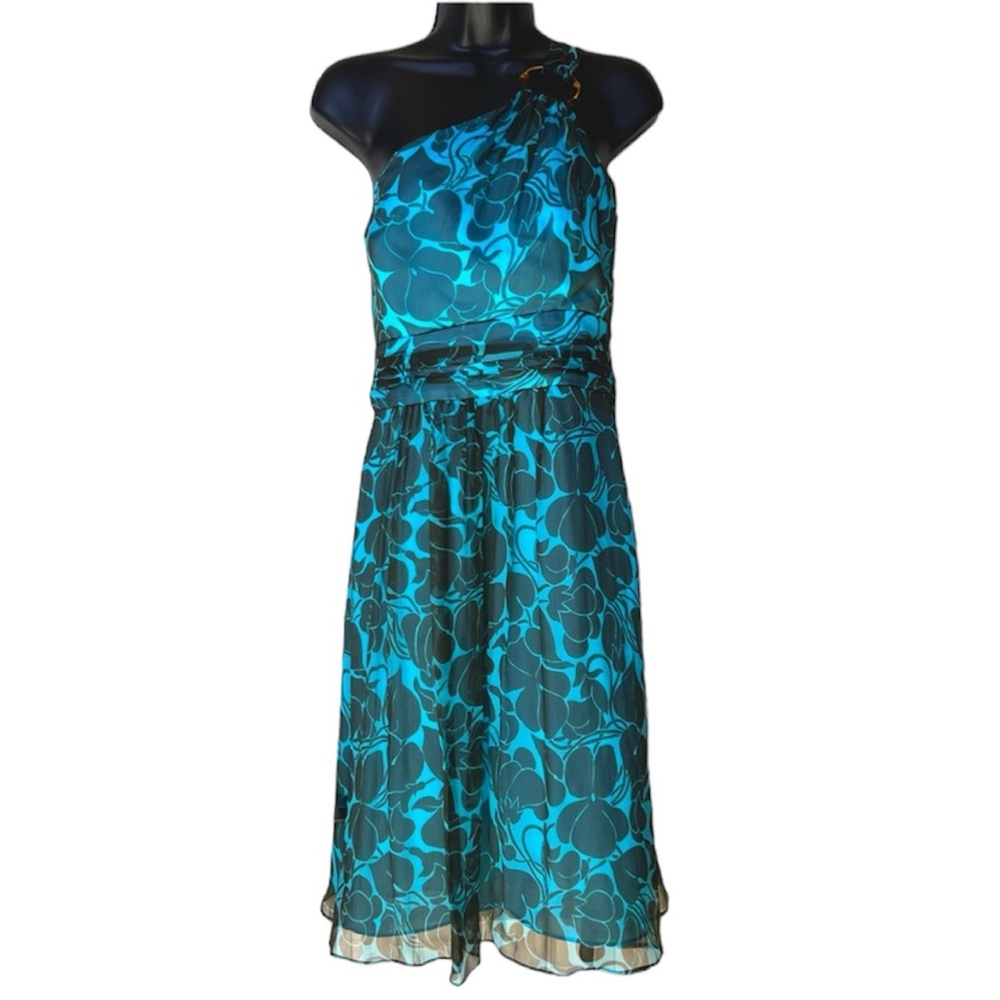 Milly of New York one shoulder, blue floral summer party dress vintage